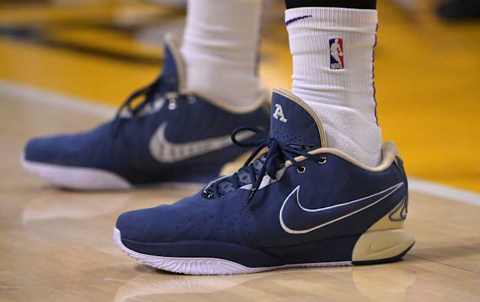Los Angeles Lakers forward LeBron James' navy and white Nike sneakers.